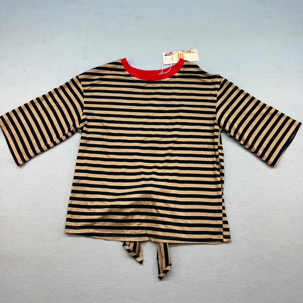 NWT Dokotoo Womens Striped Open Tie Back Top Red Neckline Tan Black XS